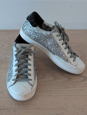 P448 Women's White Leather Sneakers with Silver Glitter Panels